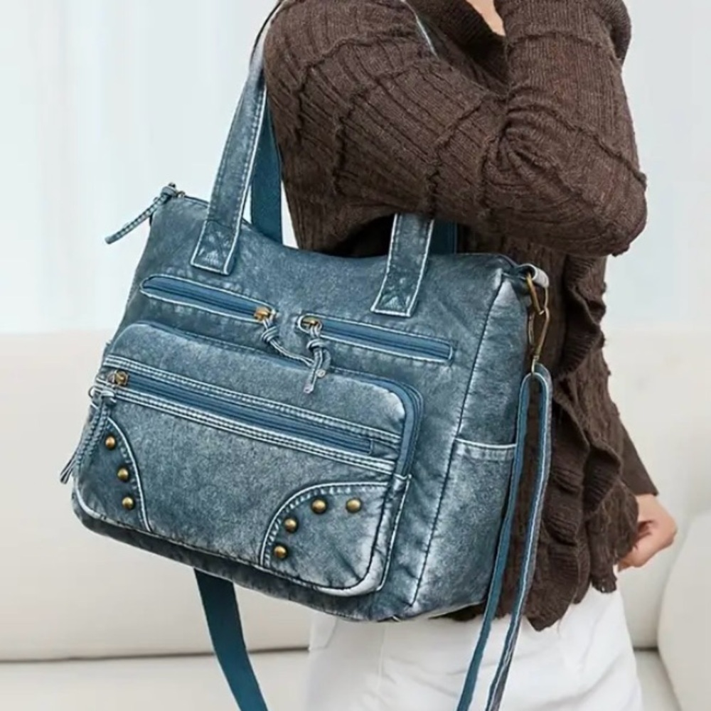Retro Vintage Jean Wash Vegan Leather Tote Crossbody Bag NWT